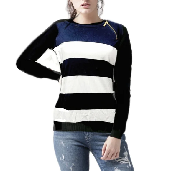 Michael Michael Kors Womens Navy & White Stripe Shoulder Zip Top Sz M - Picture 1 of 7